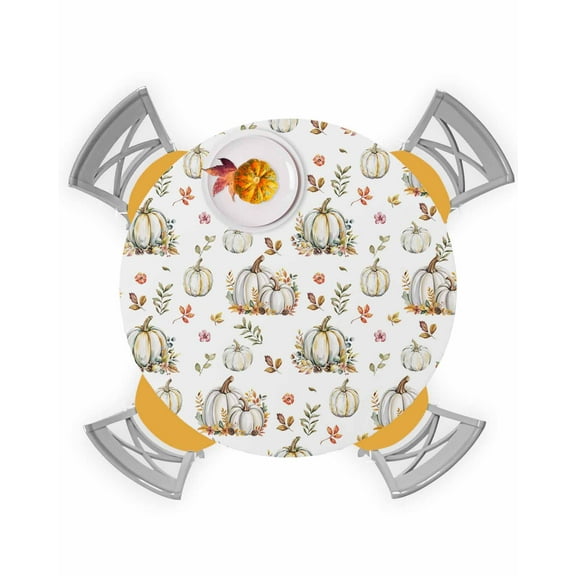 Round Fitted Tablecloths with Elastic Edge Autumn White Pumpkin Thanksgiving Oil-Proof Waterproof Wipeable Table Cover for Kitchen Dining Party Decor Farm Leaves Watercolor Table Clothes,36" - 44"