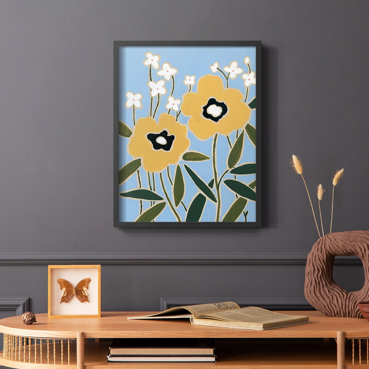 Woodblock Floral II Framed Print - Solid Wood in Single Picture Frame Solid Wood 2 Framed Print