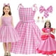 thumbnail image 2 of Vestido de princesa Barbie rosa para niñas, disfraz de película para juego de rol con cinturón, vestido con tirantes a cuadros, atuendo de cumpleaños para Halloween, para vestir de 2 a 10 años, 2 of 5
