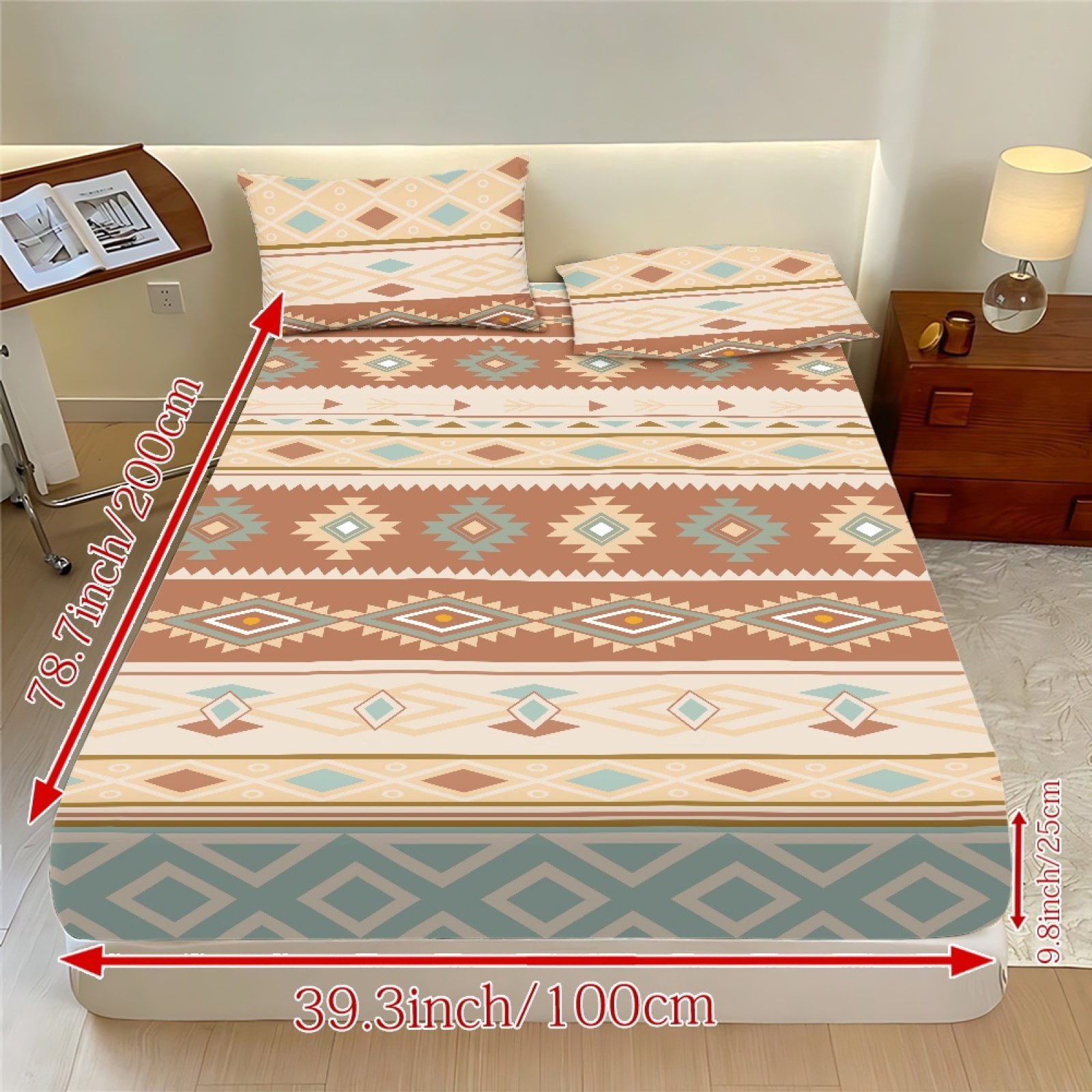 COEQINE Twin XL Sheets 3 Pieces Bedding Set, Comfort Wrinkle Free Fitted Sheet with 2 Pillowcases, Soft Winter Bottom Bedsheet Easy & Secure Fit, American Tribal Brown Blue