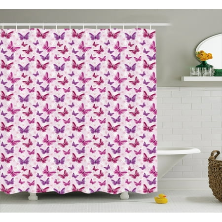 Purple Shower Curtain, Abstract Butterflies on Floral Background ...