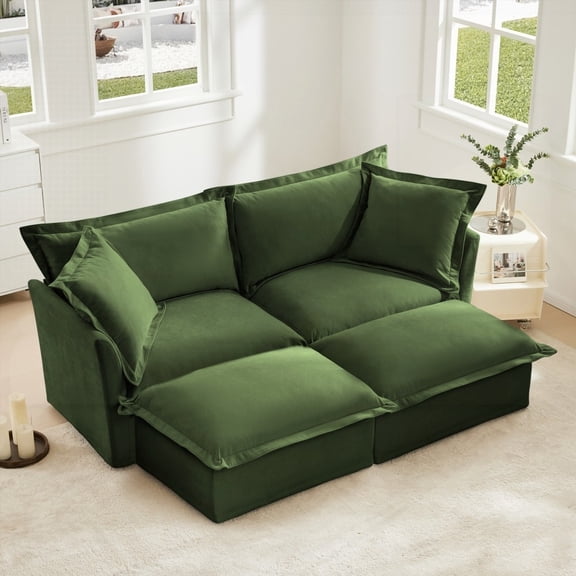 Modern Velvet 2-Seater Sofa with 2 Ottomans for Living Room, Oversized and Sturdy