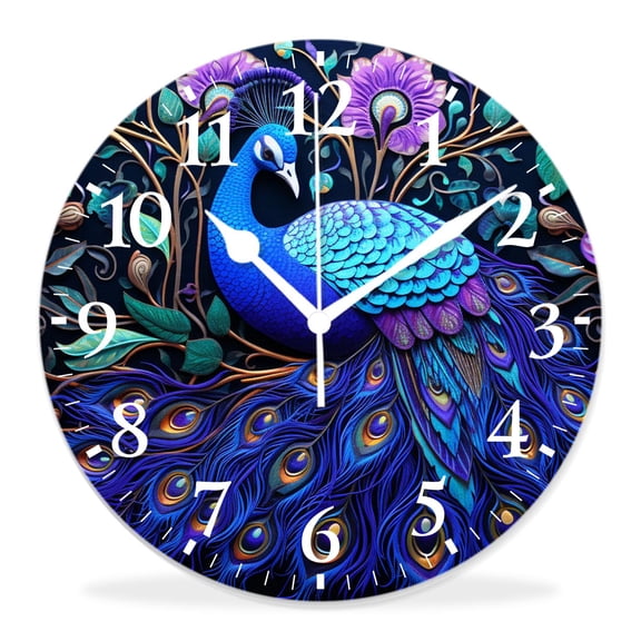 12 Inch Wall Clock Battery Operated Silent Clock Decorative for Office, Kitchen, Outdoor, Living Room，Fantasy Colorful Peacock with Sparkling Tail Feather Design