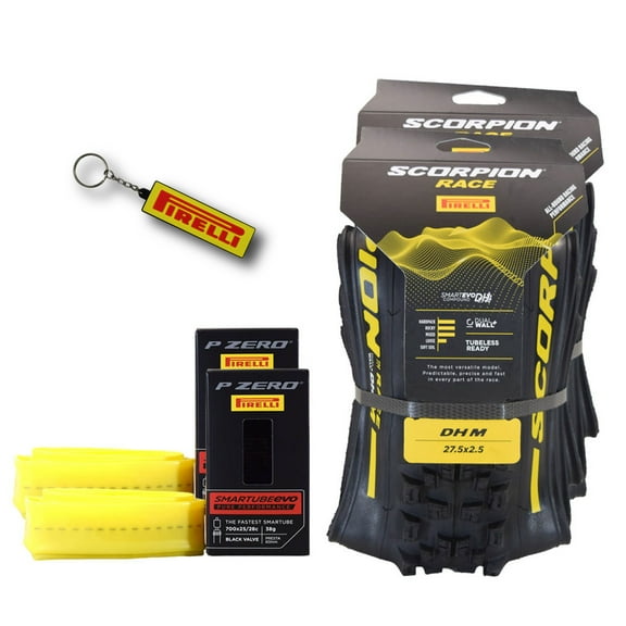 Pirelli Scorpion Race DH M Yellow 63-584 (27.5x 2.5) MTB Bicycle Tire & SmarTUBE 25/28-622 Set- Designed for Hardpacked Courses and Mixed Terrain, 60TPI - Mountain Bike Tire w/Keychain(2 Pk)