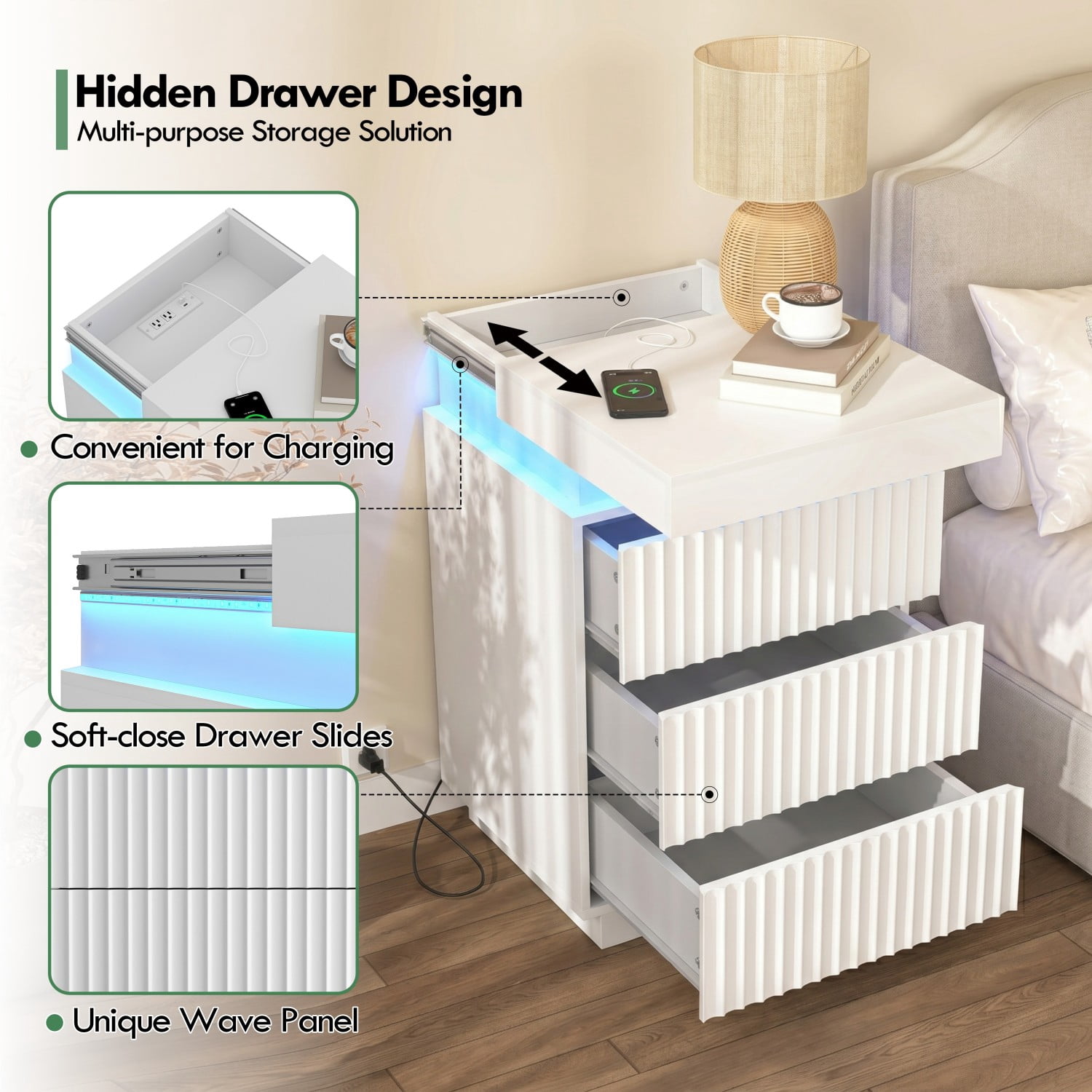 Set of 2 White Nightstands with Charging Station & LED Lights, Fluted Wave Panel Bedside Tables with Hidden Sliding Top Storage, 3 Drawer Night Stands for Bedroom & Living Room