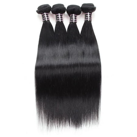 Allove 7A Peruvian Straight Human Hair 4 Bundles with Closure with Baby Hair Free Middle Three Part Hair Weave, 22