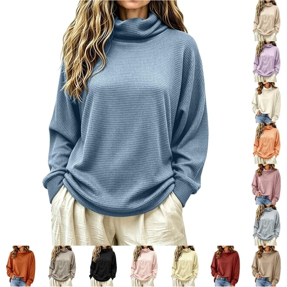 Xijirk Women's Waffle Knit Turtleneck Drop Shoulder Loose Fit Long Sleeve Pullover Knit Top for Fall Winter Casual Loungewear Outfits,Blue,M