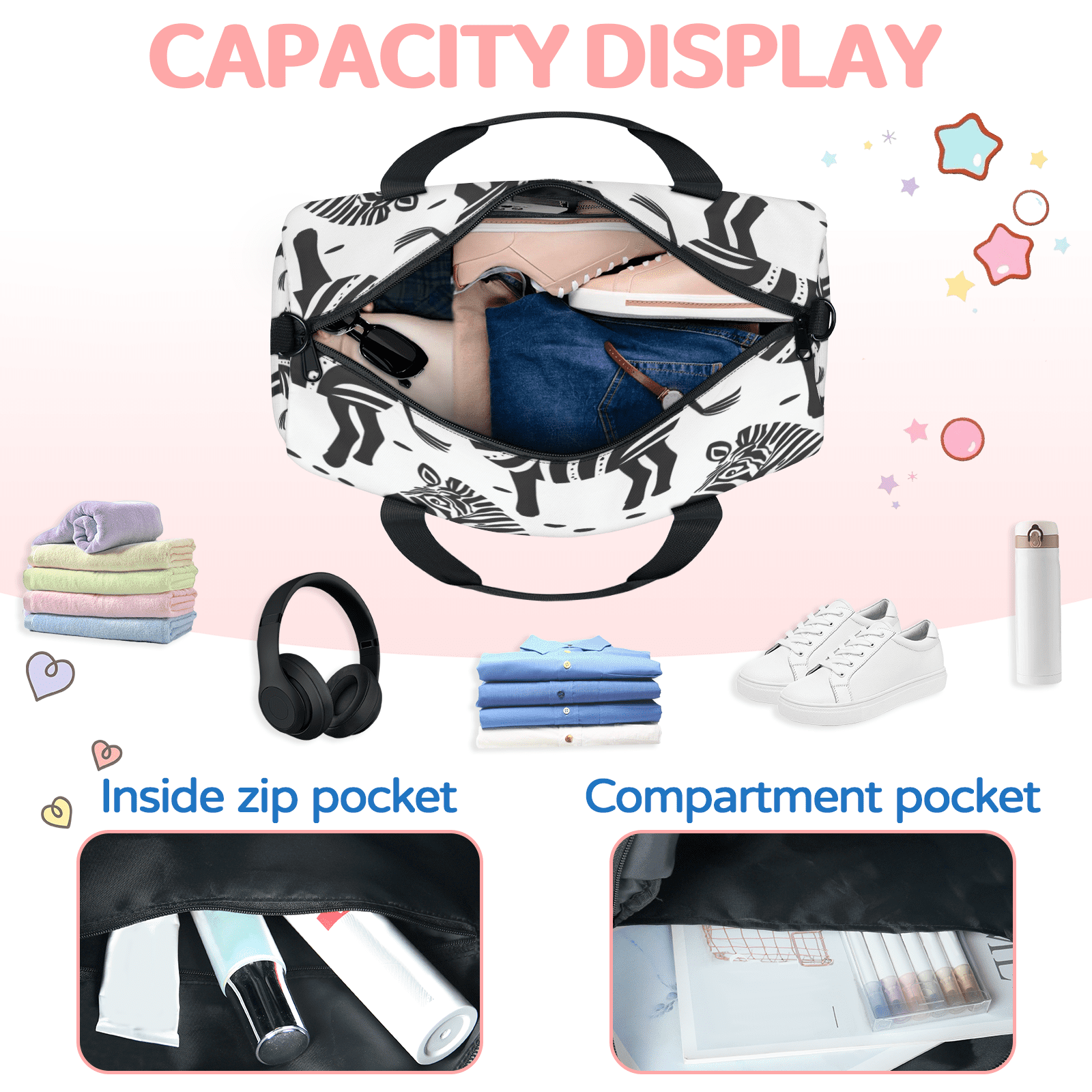 Herdesigns Zebra Pattern Travel Duffle Bag Sports Yoga Weekender Overnight Carry on Workout Bags Lightweight Waterproof Gym Tote Bag for Women Animal
