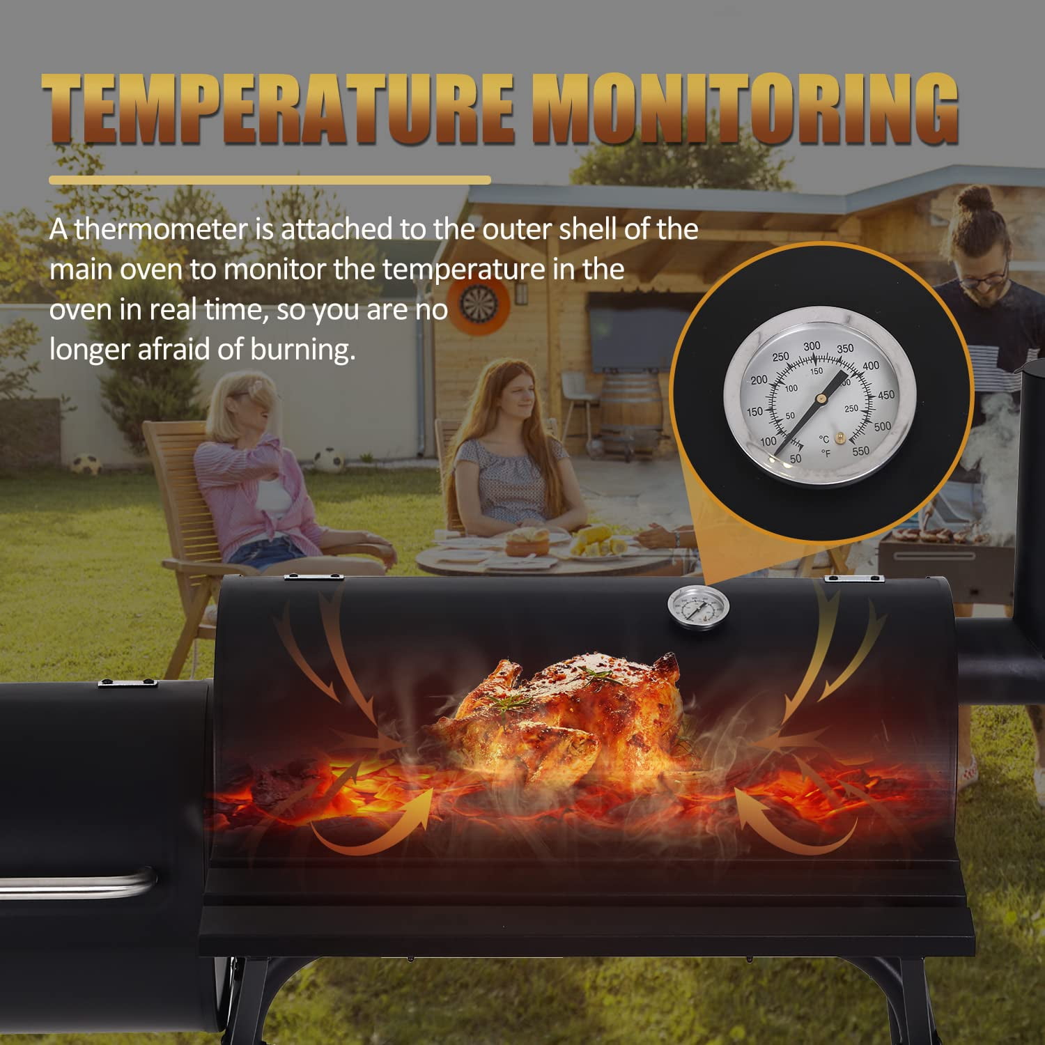 Dkelincs 43'' Charcoal Grill with Wheels and Side Fire Box -BBQ Grill Perfect for Camping, Outdoor Party and Picnics Portable Barbecue Grill for 6-10 People
