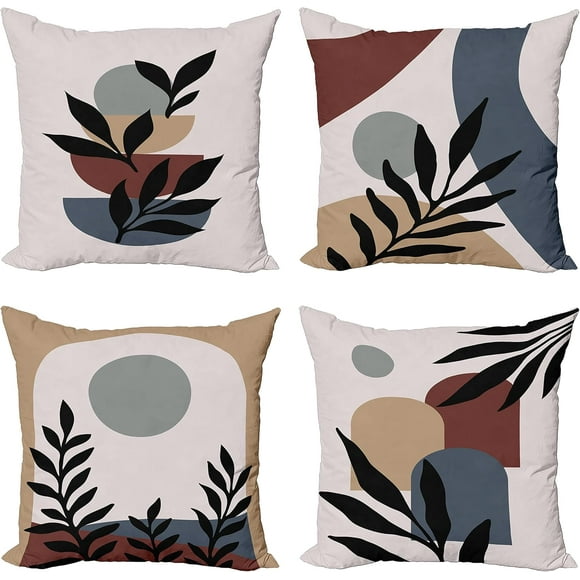 Housse de Coussin Minimaliste, Lot de 4, Style Moderne avec Feuilles, Branches et Détails Géométriques Abstraits Contemporains, Impression Numérique Double Face Accent Moderne, 20 Pouces, Beige Bleu Ardoise et Rouille