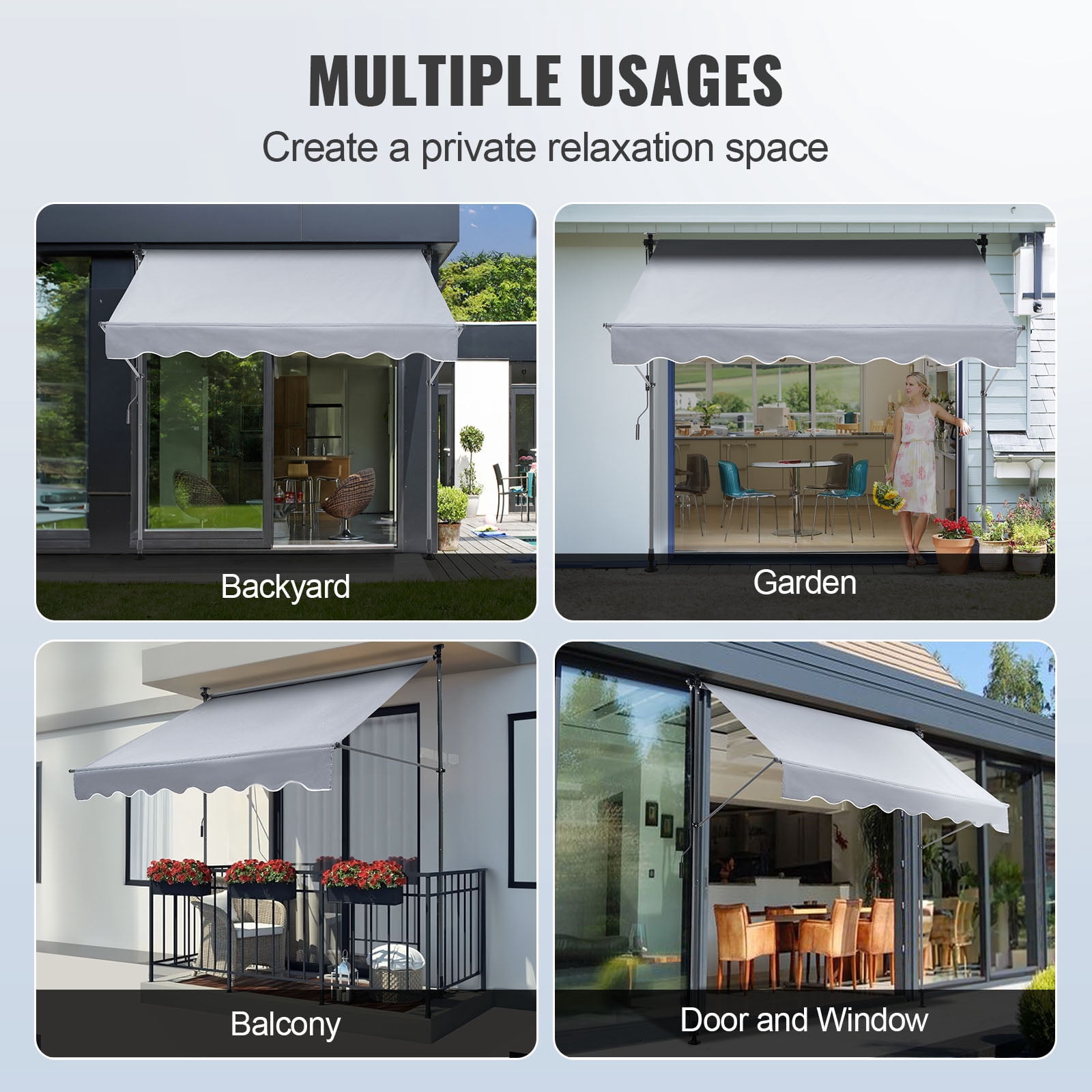 KFFKFF 118" x 47" Gray Manually Retractable Patio Awning, UV Resistant