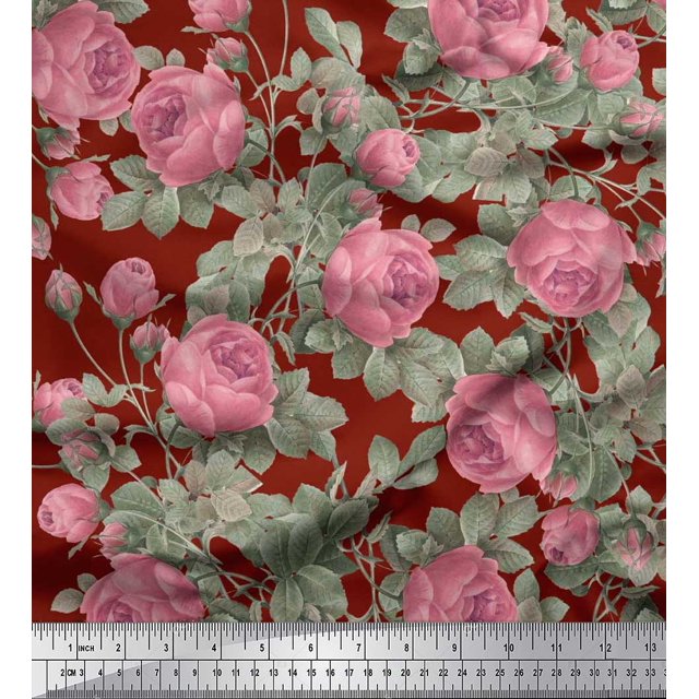 Soimoi Red Cotton Duck Fabric Leaves & Rose Flower Decor Fabric Printed BTY 56 Inch Wide