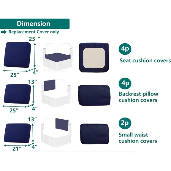 10 Pcs Outdoor Cushion Covers  Set for 4-Seater Wicker Rattan Sectional Sofa -  Heather Waterproof Slipcovers