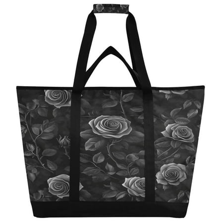 WOBOGO Black Rose Tote Cooler Bag Fold Flat Insulated Shopping Bag With Zipper For Work Picnic Beach Use 18×6.7×24in