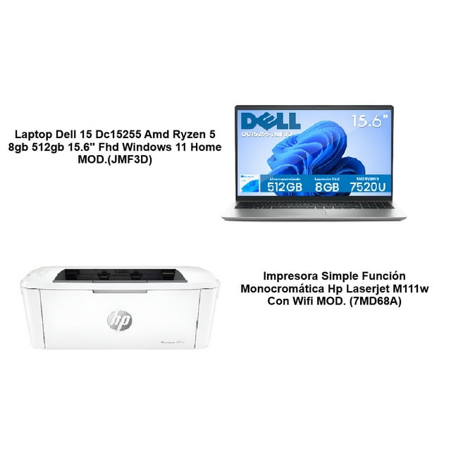 Laptop Dell 15 Dc 15255 Amd Ryzen W 11H + Impresora SimpleFunción Monocr Hp Laserjet M111w