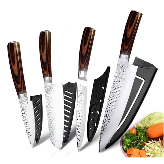 4 Piece Kitchen Knife Set, Japanese Chef Kiritsuke Knife with Hammered Forged Stainless Steel Blade, Ultra Sharp Cooking Knives for Chopping Slicing Cutting