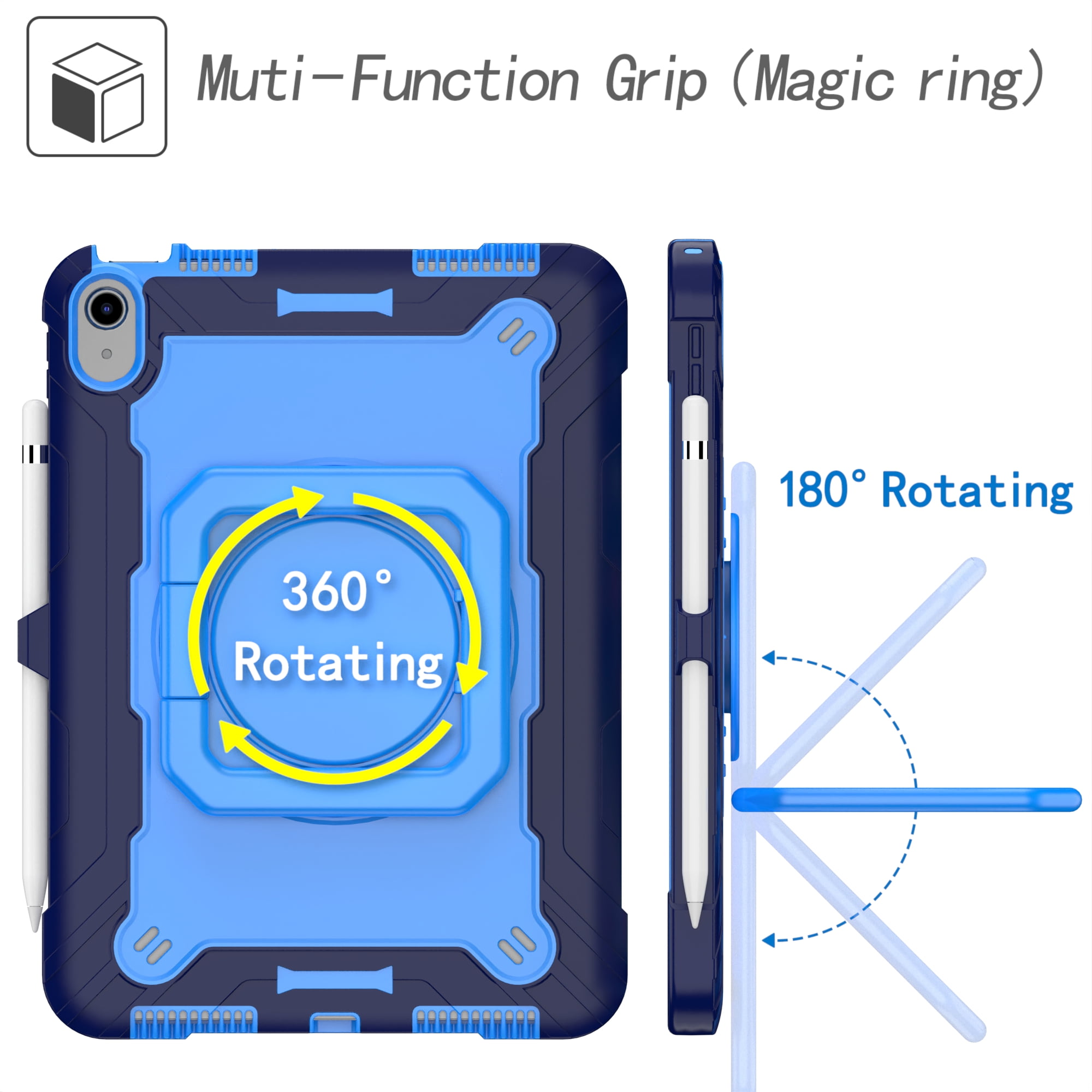 Dteck iPad 10th Generation Case, New iPad 2022 10.9 inch Rugged Case with Screen Protector, Rotating Stand/Pencil Holder/Carrying Shoulder Strap,Blue