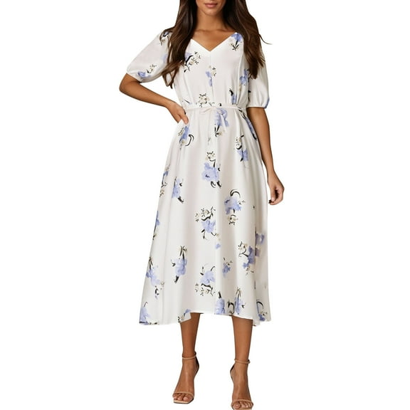 Youyipin Womens Summer Dresses 2025 Casual Puff Short Sleeve V Neck Floral Boho Tiered Ruffle Maxi Dress Summer Dresses For Women 2025