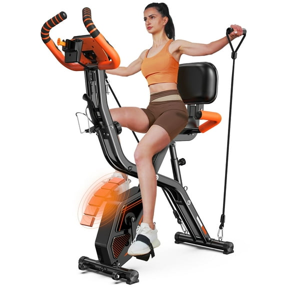 pooboo 4-in-1 Exercise Bike, Foldable Stationary Bike, Tri-Position Indoor Cycling Bike with 8-Level Resistance, Arm Resistance Bands, Pulse Sensor & Back Support Cushion for Home Gym Workout