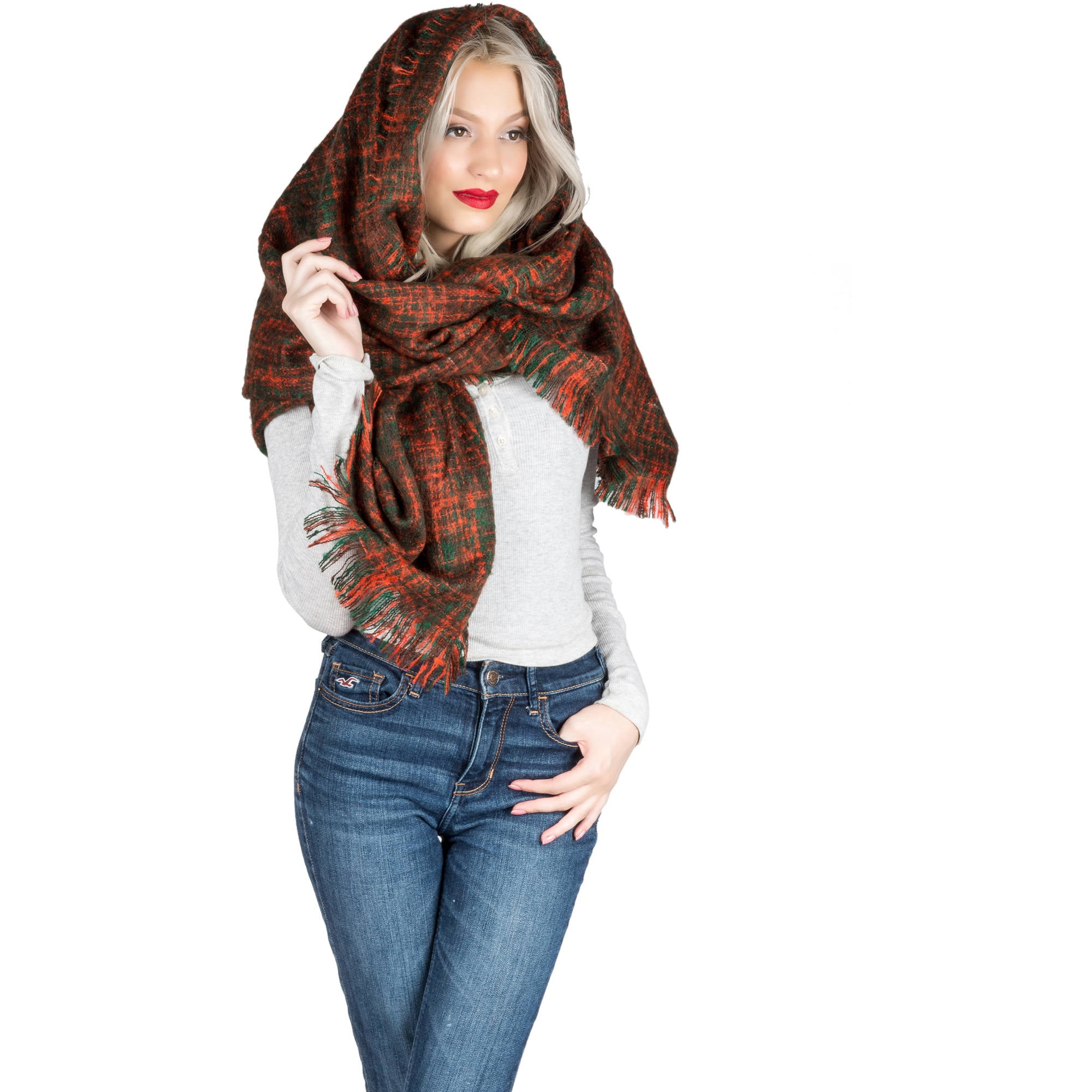 Women's Soft Woven Oversized Wrap Shawl Grid Blanket Scarf [Adult Size]