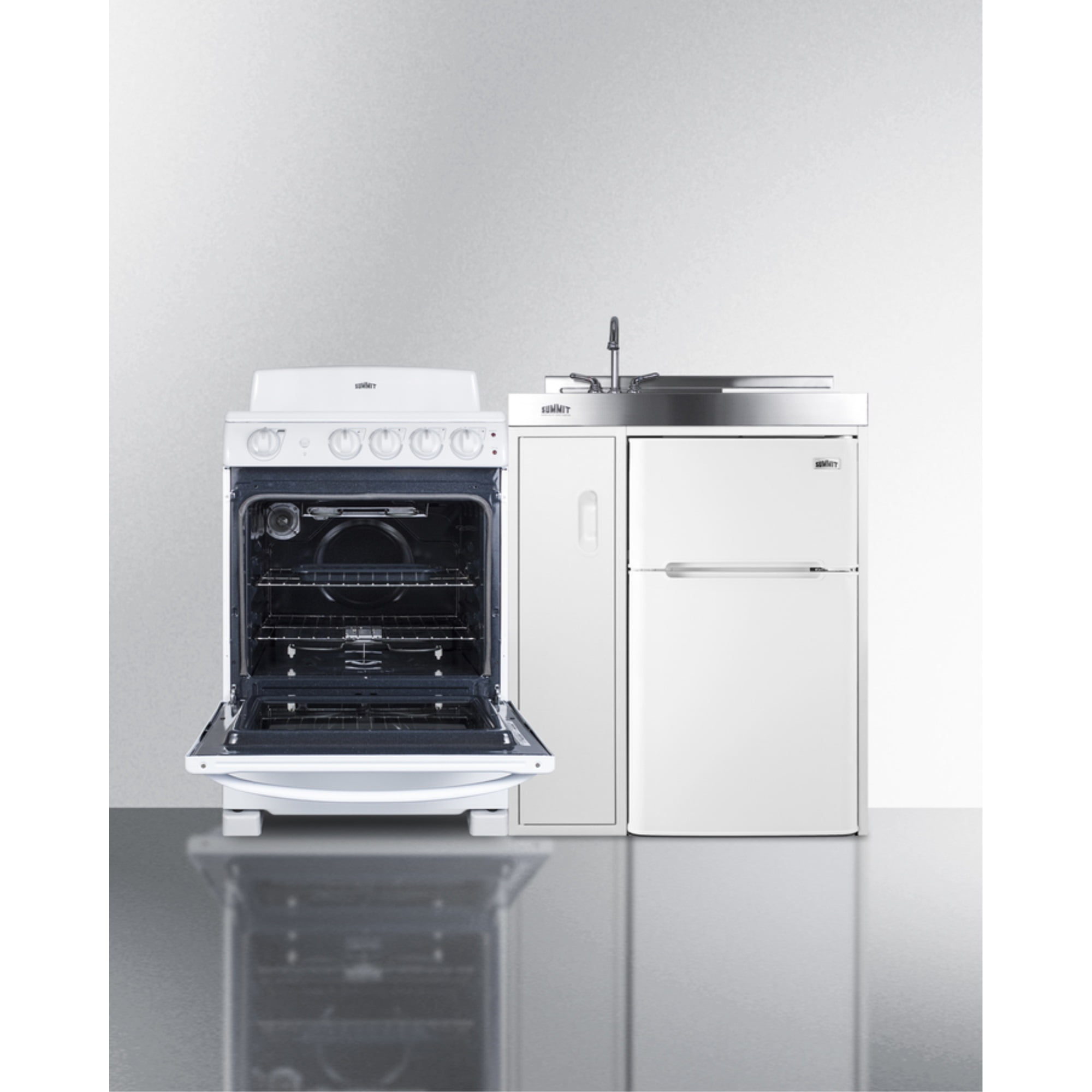 All-in-one combination kitchenette with refrigerator-freezer, sink, storage cabinet, and coil range