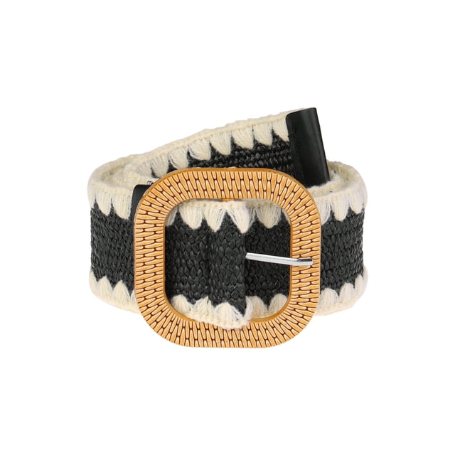 CINTURÓN ELÁSTICO ANCHO DE PANA DE TELA DE PASTO PARA MUJERES TALLAS GRANDES, CINTURONES TRAMADOS BOHO PARA VESTIDO 57.1" NEGRO