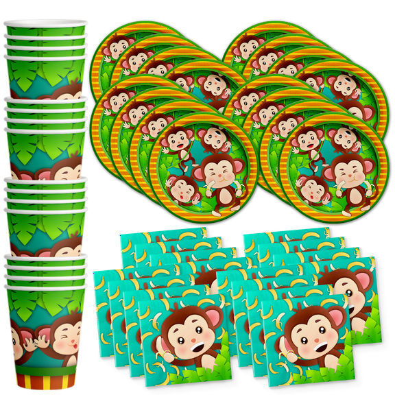 Monkey Birthday Party Supplies - Jungle Animal Party Supplies - Zoo Animal Party Supplies | Tableware Set Includes Plates, Napkins and Cups | Kit for 16