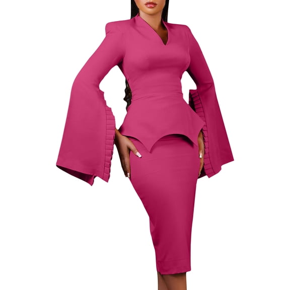 Ruimatai Women's Long Sleeve Bodycon Dress Solid Color Round Neck Elegant Office Work Casual Polyester Midi Dress