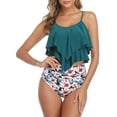 thumbnail image 6 of 2 Piece Tummy Control Swimsuits for Women Double Ruffled High Waisted Tankini Bathing Suits Blue Pink Flower S, 6 of 8