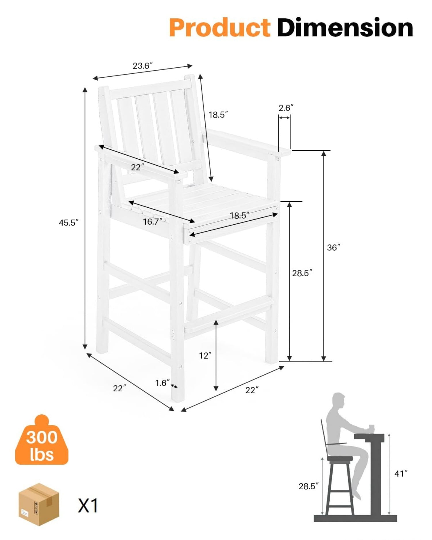 Adirondack Bar Chair Set of 2, HDPE Outdoor Bar Stools with Footrest, All Weather Adirondack Bar Height Chairs for Patio, Balcony, Porch, Deck, Poolside, Pearl