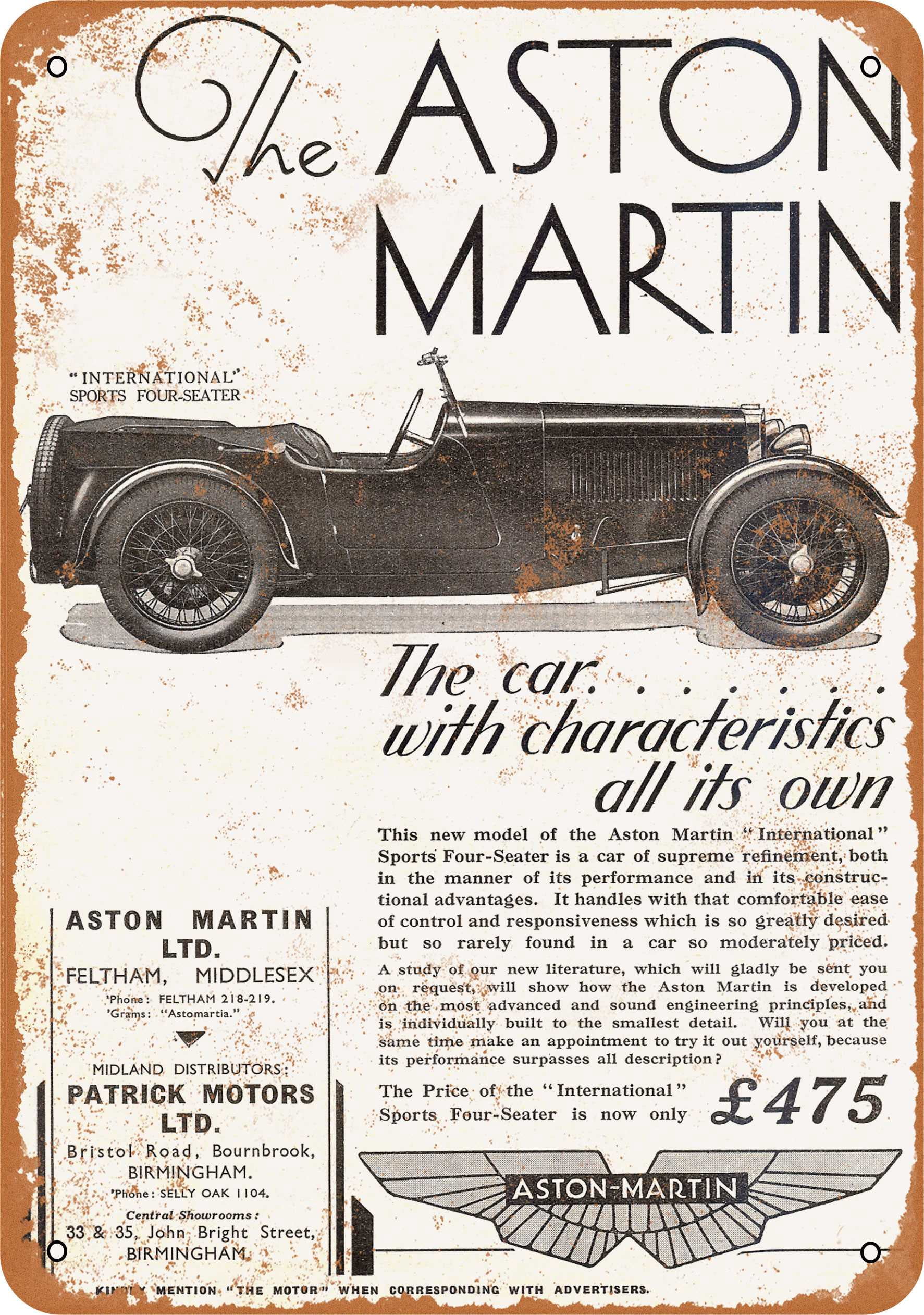 1932 Aston Martin International Sports Car Metal Sign