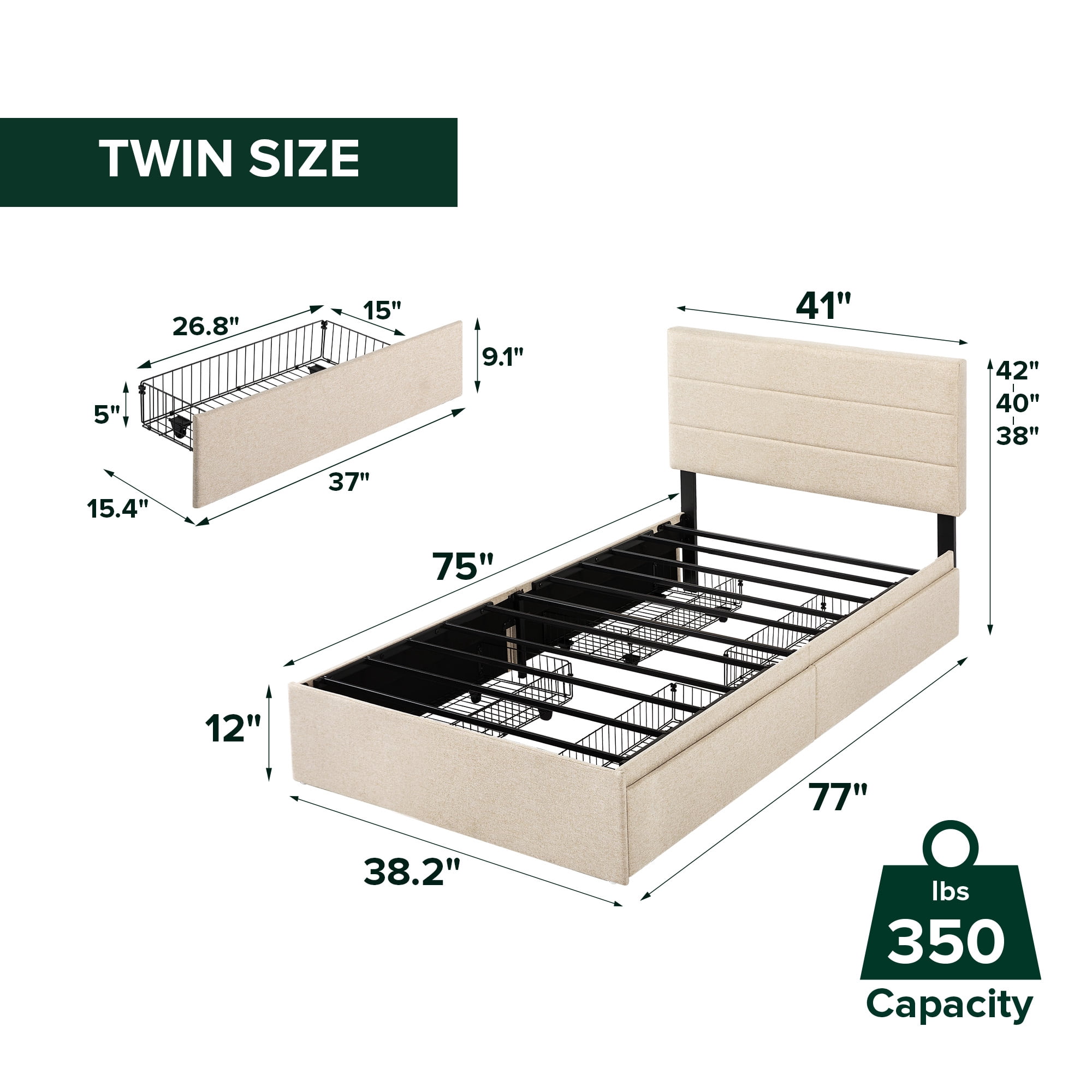 Mainstays Upholstered Platform Bed with Underbed Storage Drawers, Twin