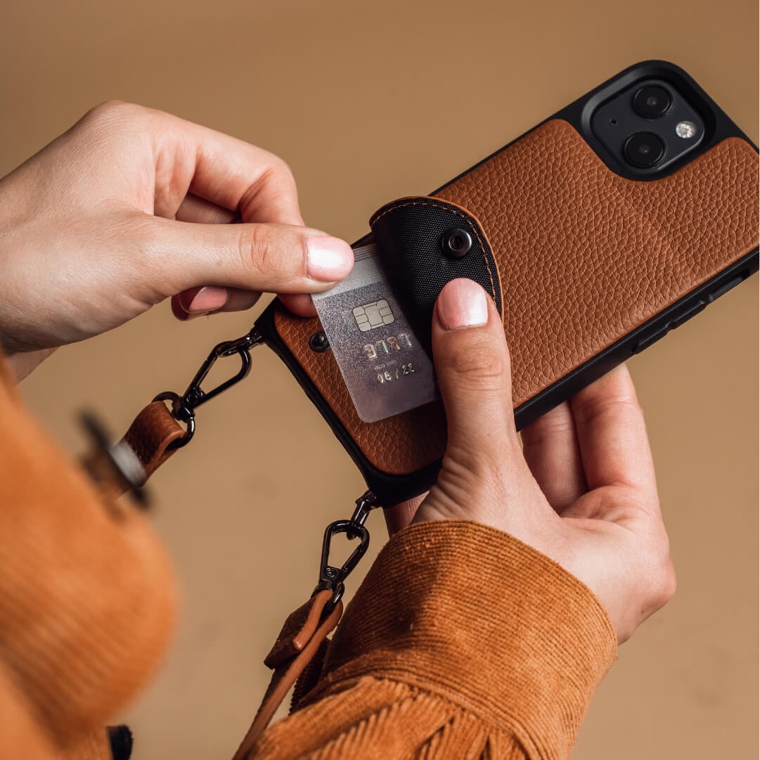 Noemie Napa Crossbody Strap and Wallet Phone Case for iPhone 13, Tan/Black