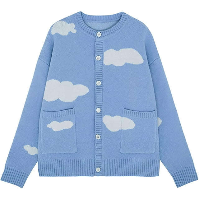 Cárdigan de punto de manga larga con bolsillos y botones, lindo suéter de mujer con dije de nube kawaii