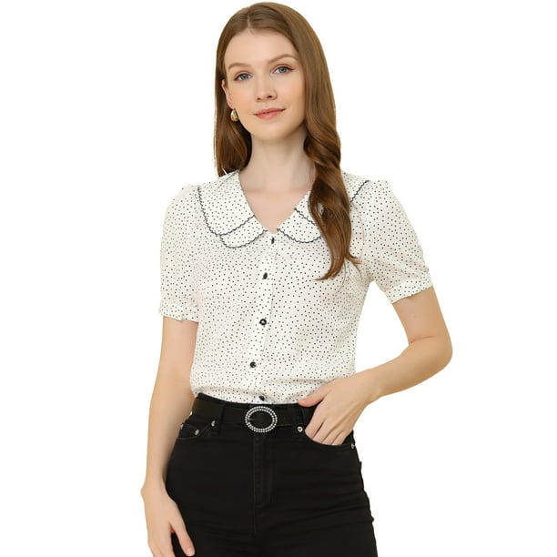 Camiseta De Manga Corta Con Cuello Peter Pan Y Lunares Vintage Para Mujer Blanco XS