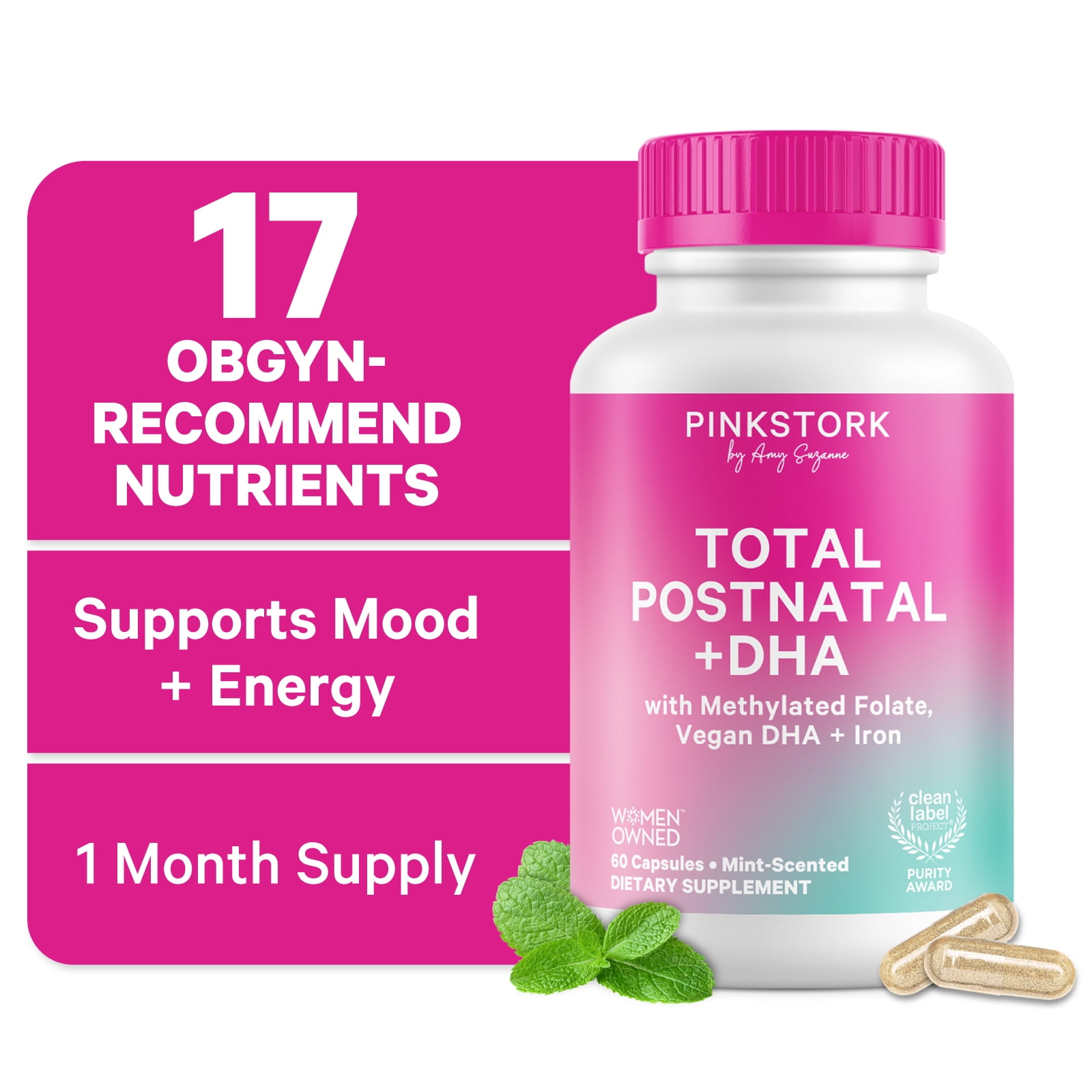 Pink Stork Postnatal Multivitamin for Breastfeeding Moms, 60ct - Vegan Algae DHA, Iron, Folate, and Vitamin B12, No Fishy Burps, Mint Scented