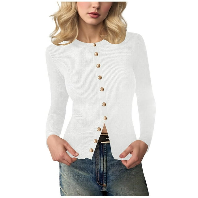 WRKEKC Sweaters for Women Fall Winter Slim Fit Solid Color Knit Buttoned Long Sleeve Crew Neck Sweater Top for Layering & Daily Wear