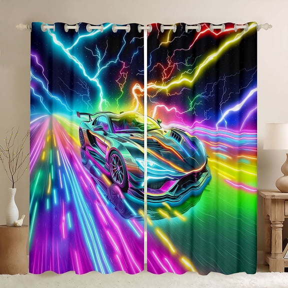 Erosebridal Abstract Fast Car Black Out Curtains For Kids Boys,Colorful Lightning Neon Lights Curtains Pack of 2 (42x63 Each) For Teens,Luxury Bedroom Decor