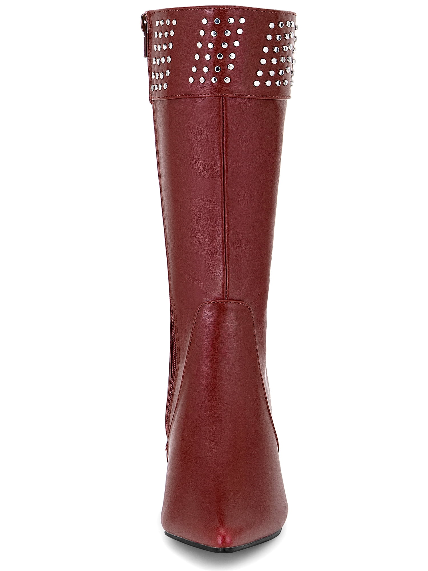 DARING DIVA Women's Stylish Pointed Toe Kitten Heel Knee High Boots Burgundy 9