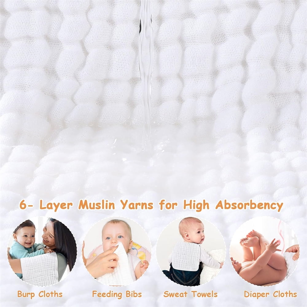 Duslogis 6 Pack Muslin Burp Cloths Cotton Baby Burping Rags Large 20 x 10 Inch 6 Layers Spit up Rags Soft Absorbent Multicolor Wash Cloths Diapers for Newborn Baby Girl Boy (Multicolor)