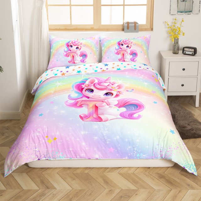 Erosebridal Housse de Couette Initiale A-Z Simple, Literie Initiale Lettre T Taille Simple, Décor Licorne Fée Girly, Réversible (Sans Couette)