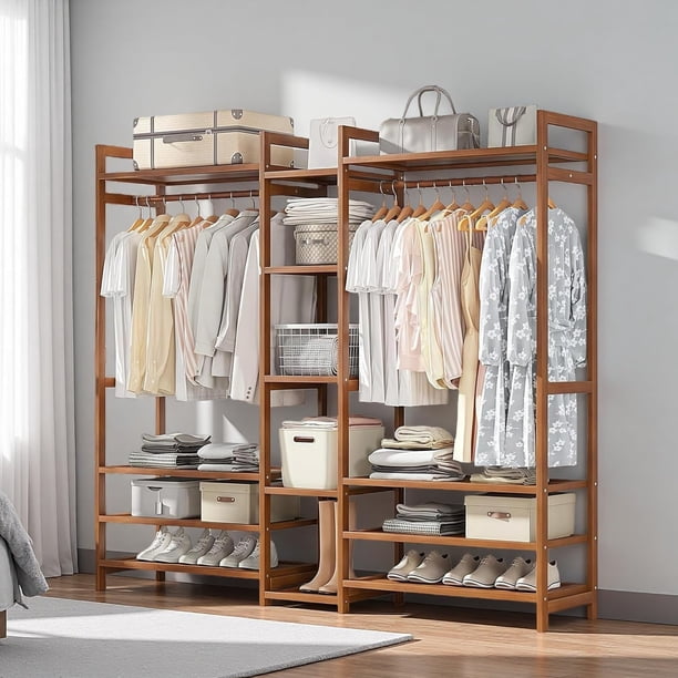 Perchero para Ropa, Estantes de Almacenamiento de Gran Capacidad con Varillas para Colgar, Perchero Multifunción para Sala y Dormitorio, Marron