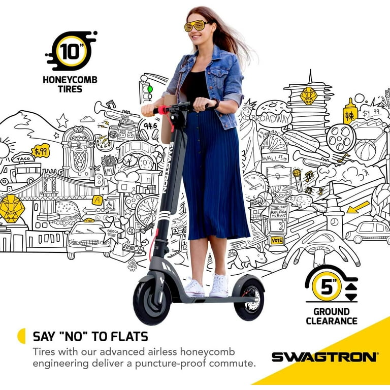 Swagtron Swagger 7T Transport Electric Scooter for Adults 350W Motor 18 MPH 18.9 Miles Extended Range Maintenance Free 10 In. Tires IP54 2021