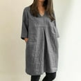 thumbnail image 3 of QUYUON Womens Cotton Linen Dresses Summer 3/4 Sleeve V-Neck Casual Blouse Tops Shirt Dresses Solid Color Linen Dress for Women Loose Fit T-Shirt Beach Sundress Style D-3835 Gray M, 3 of 9