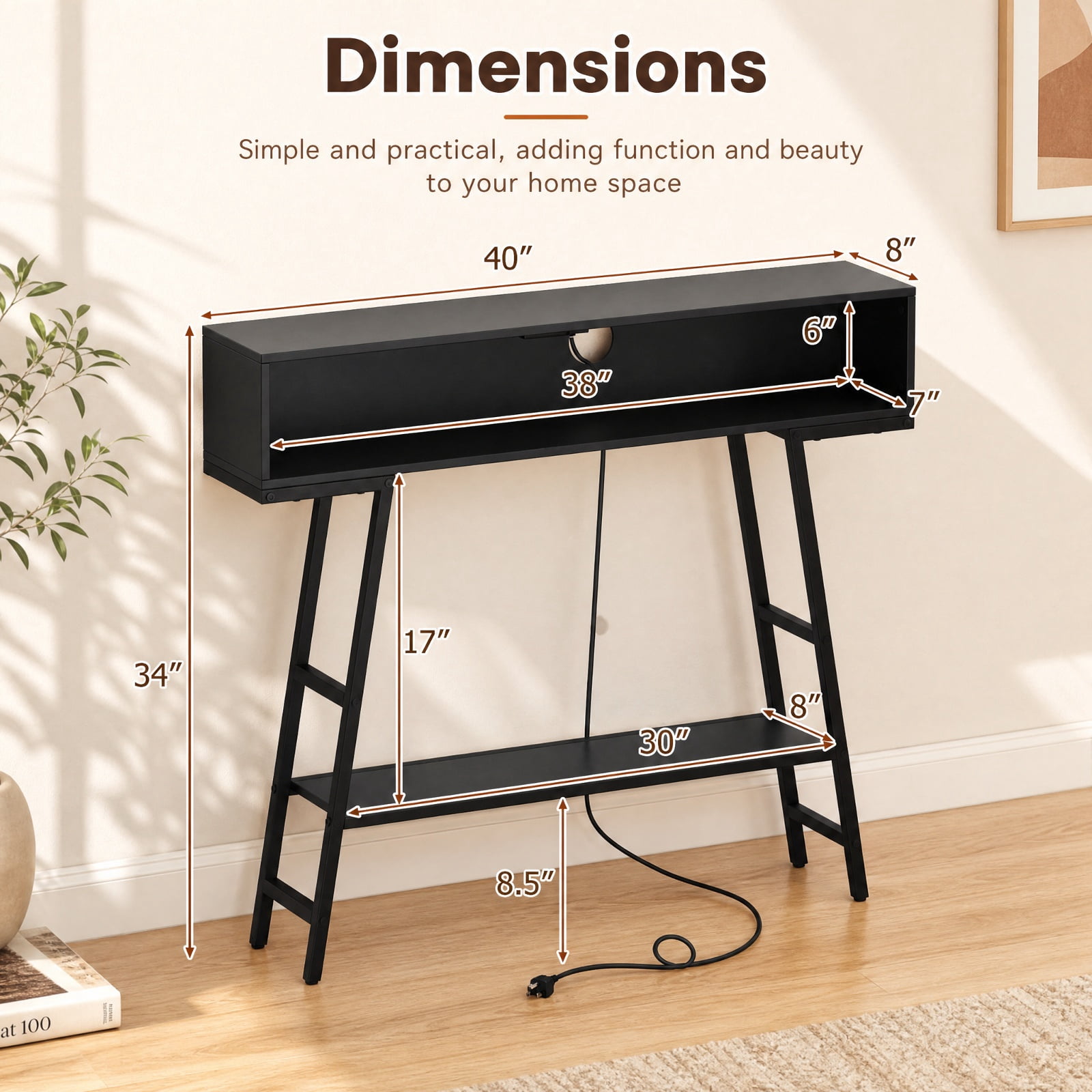 Furnibear 40 Inch Console Table with Charging Station USB Type-C AC Outlets and RGB LED Lights for Entryway Living Room and Behind Sofa, Black