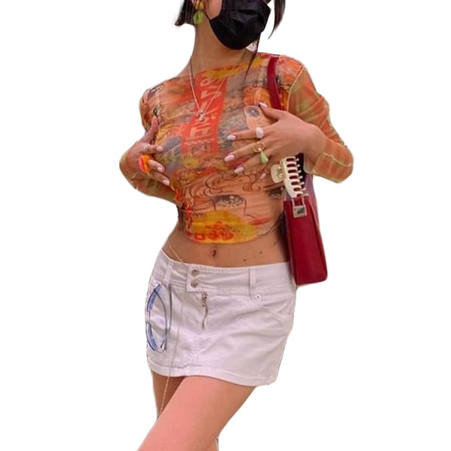 SAYOO Hauts pour Femmes Coupe Décontractée Imprimé Dessin Animé Manches Longues Col Rond Chandail, Hauts à Manches Longues pour Femmes Fée Grunge Anime Col Rond Imprimé T-Shirt Coupe Ajustée Y2K Esthétique Automne Harajuku Mode Urbaine