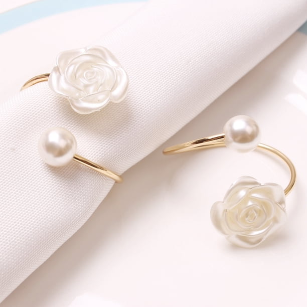Xiao Hua Anillo de servilleta con forma de rosa y perla redonda para boda de San Valentín (dorado, 12 unidades)