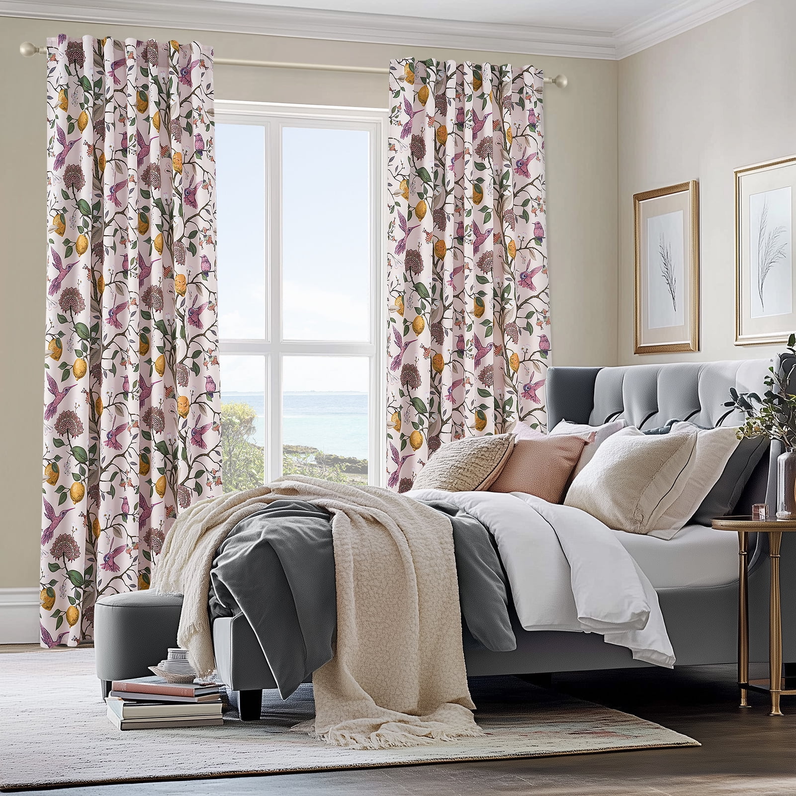 Topfinel Fancy Hummingbird Patterned Curtain,Pink Curtains for Living Room, Thermal Insulated Blackout Curtains for Bedroom, Floral Vintage Lemon Curtains 96 inch Length 2 Panels Set