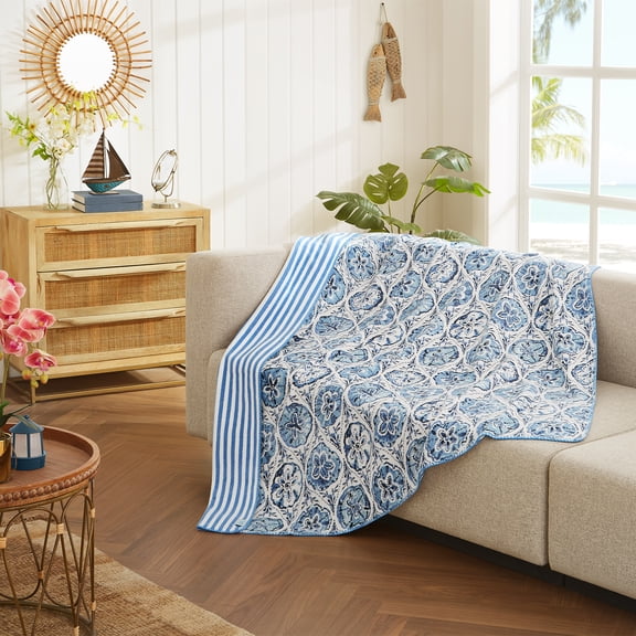 Coastal Living Throw Blanket, Reversible Plush Fleece Blanket for Couch, Blue Sand Dollars, 50" x 72"