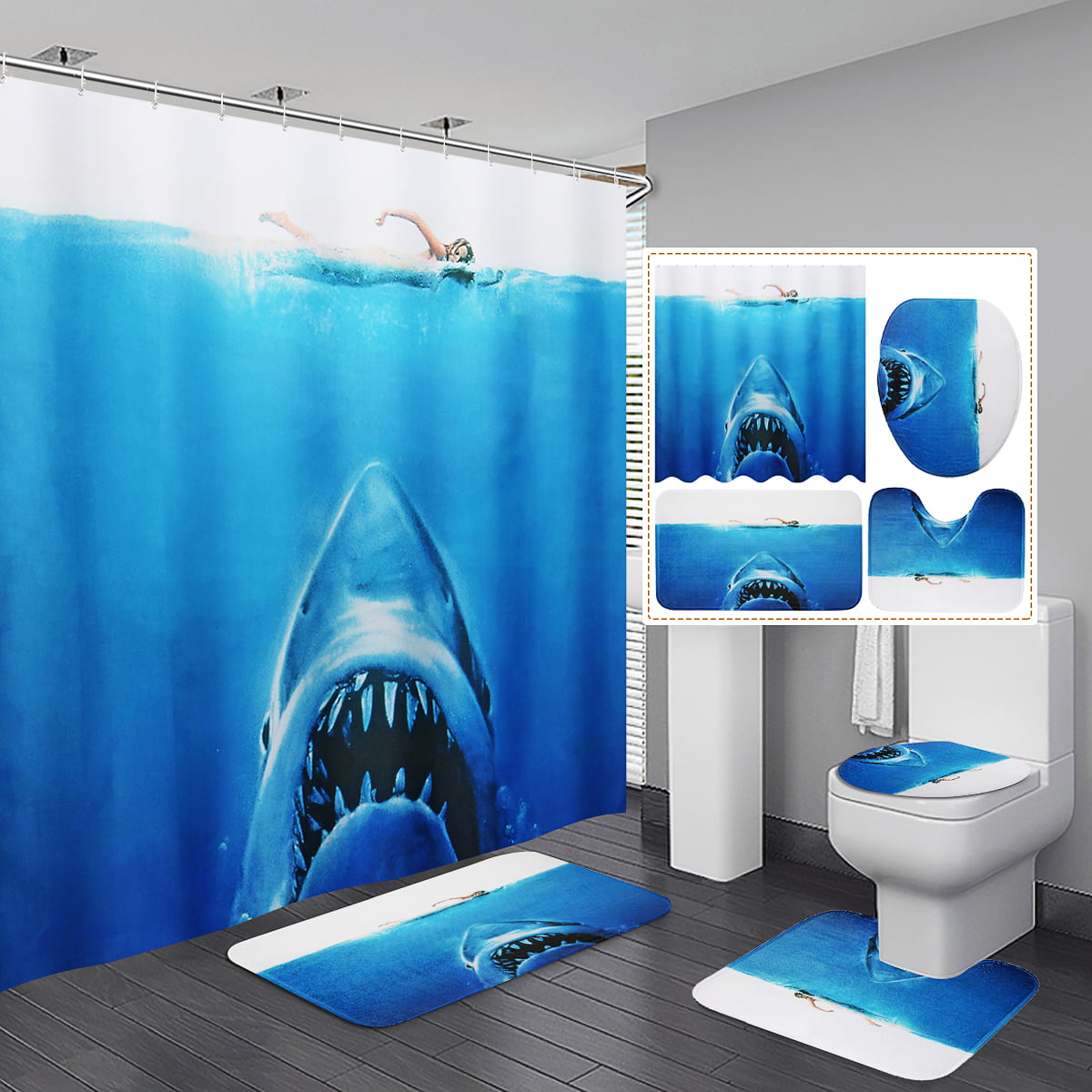 Details about   Jaws Bathroom Rug Set Shower Curtain Non Slip Toilet Lid Cover Bath Mat 